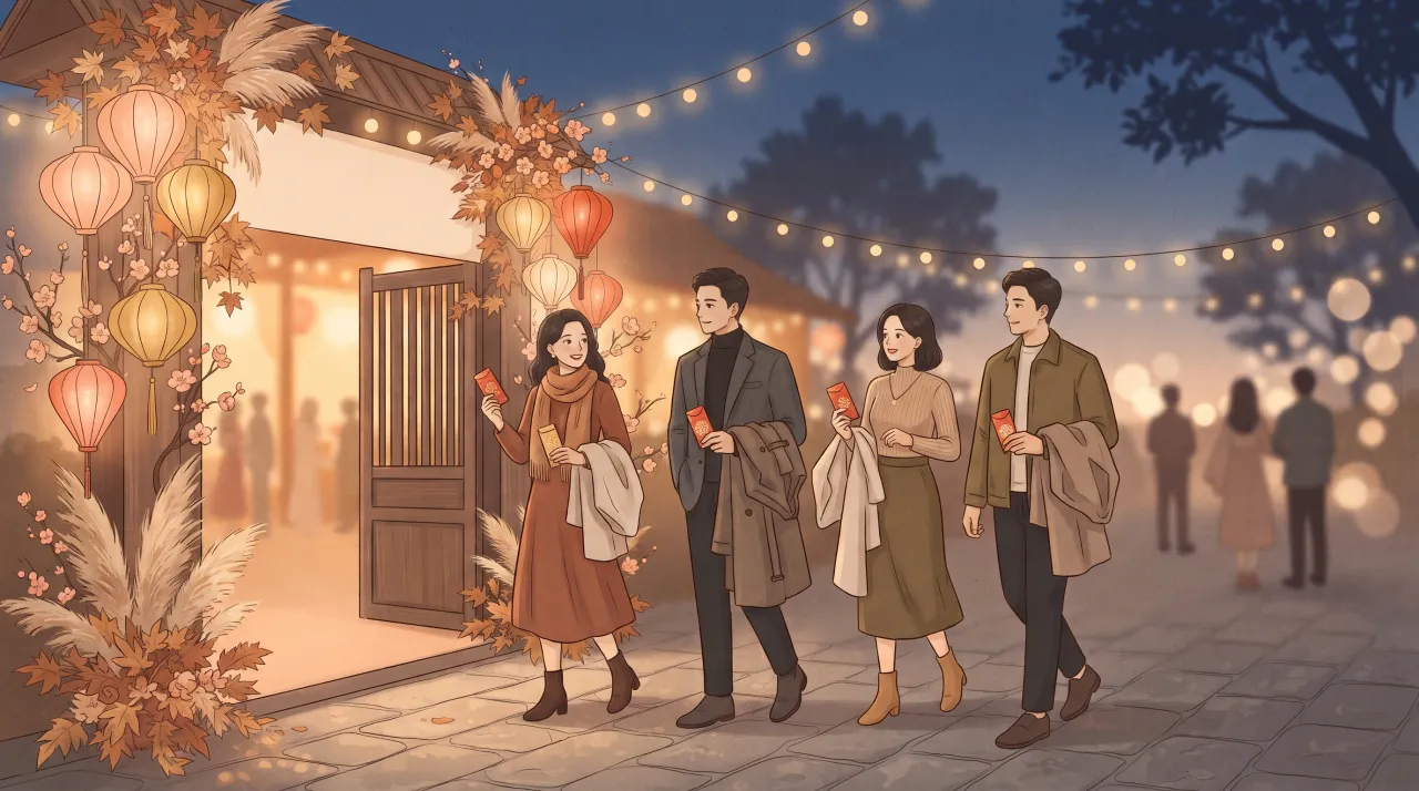 Khách mời arrive tại tiệc cưới cuối năm với áo khoác và phong bì