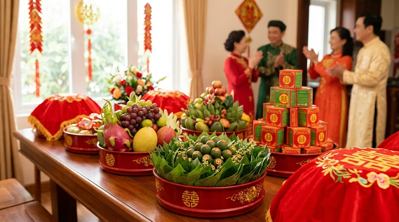 Lễ hỏi truyền thống Việt Nam với mâm quả được bày biện trang trọng