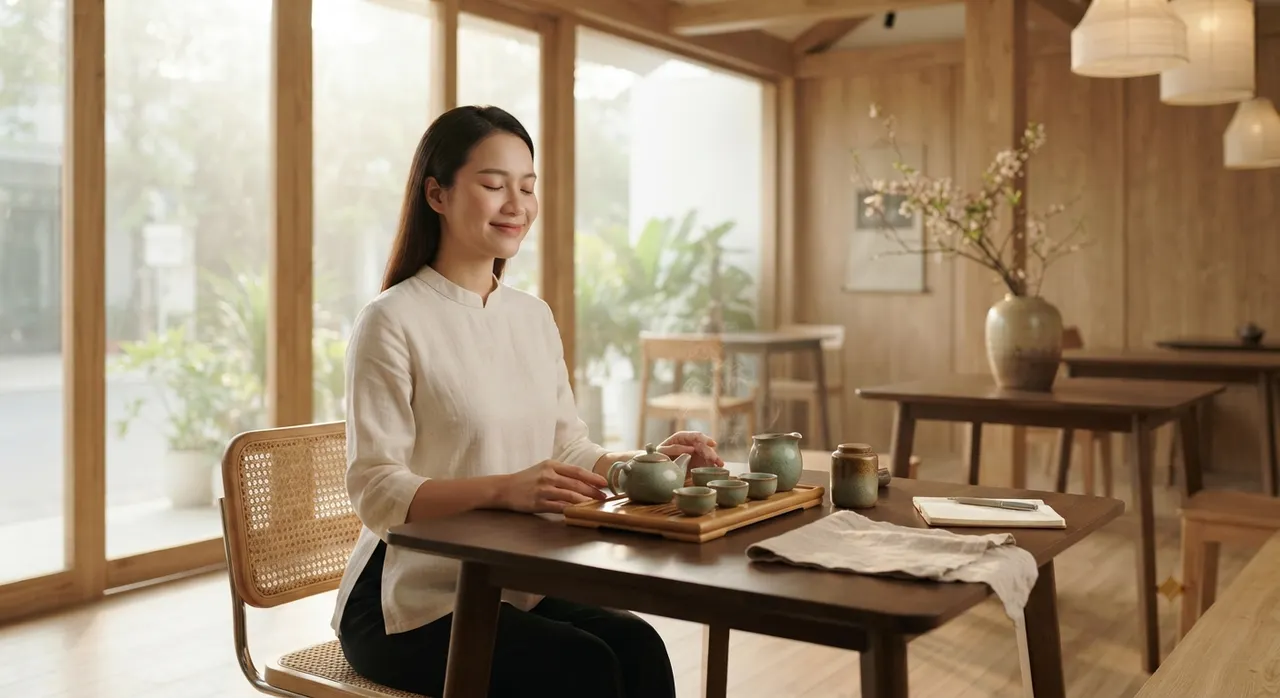 Một người đang thưởng thức trà đạo trong không gian cafe thanh lịch