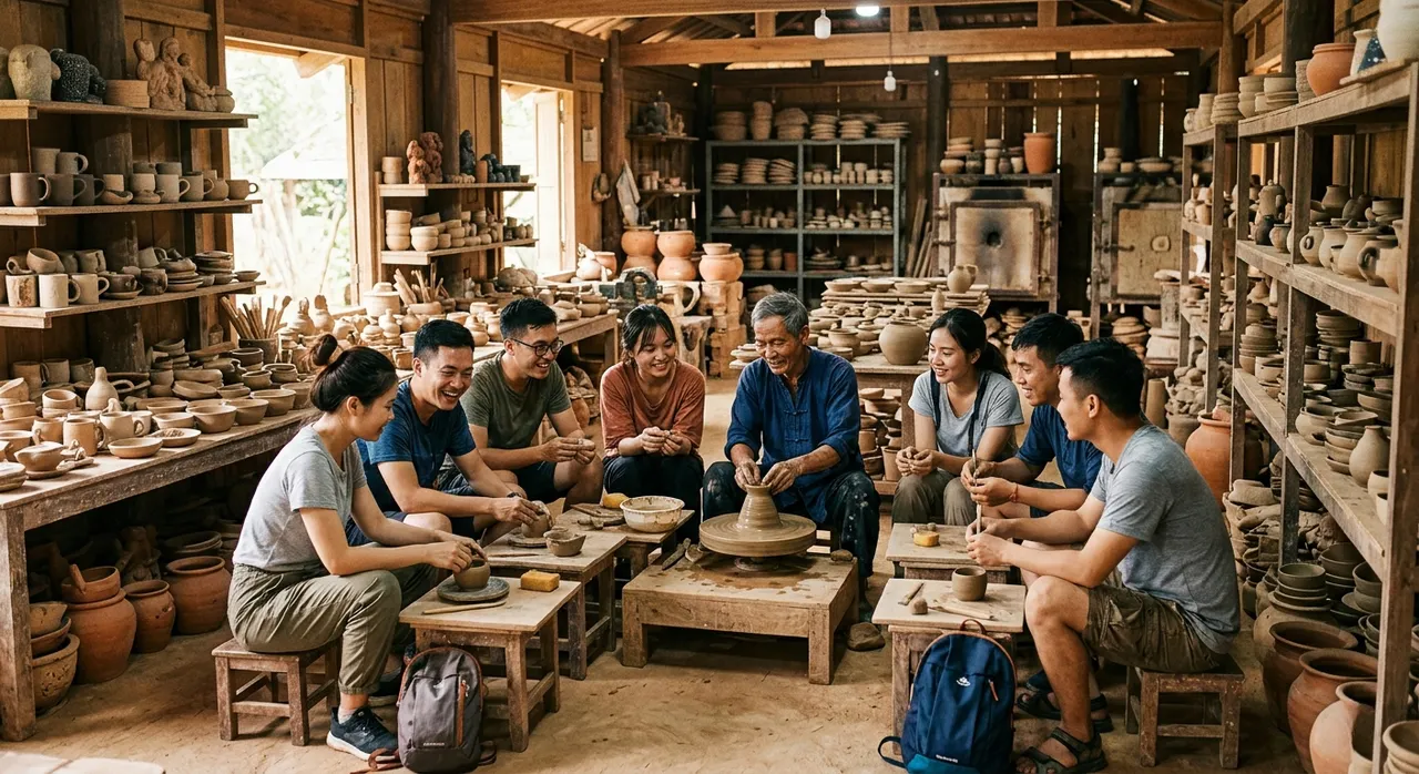 Giới trẻ tham gia workshop văn hóa tại làng nghề truyền thống