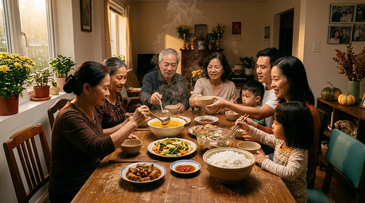 Bữa tối gia đình Việt Nam với mâm cơm mùa thu ấm cúng