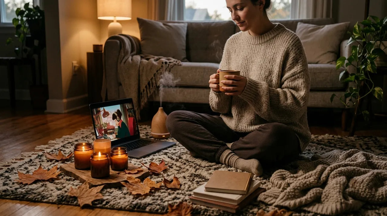 Người ngồi trên thảm êm với tách trà, xung quanh là nến, lá khô và laptop đang phát nhạc chill