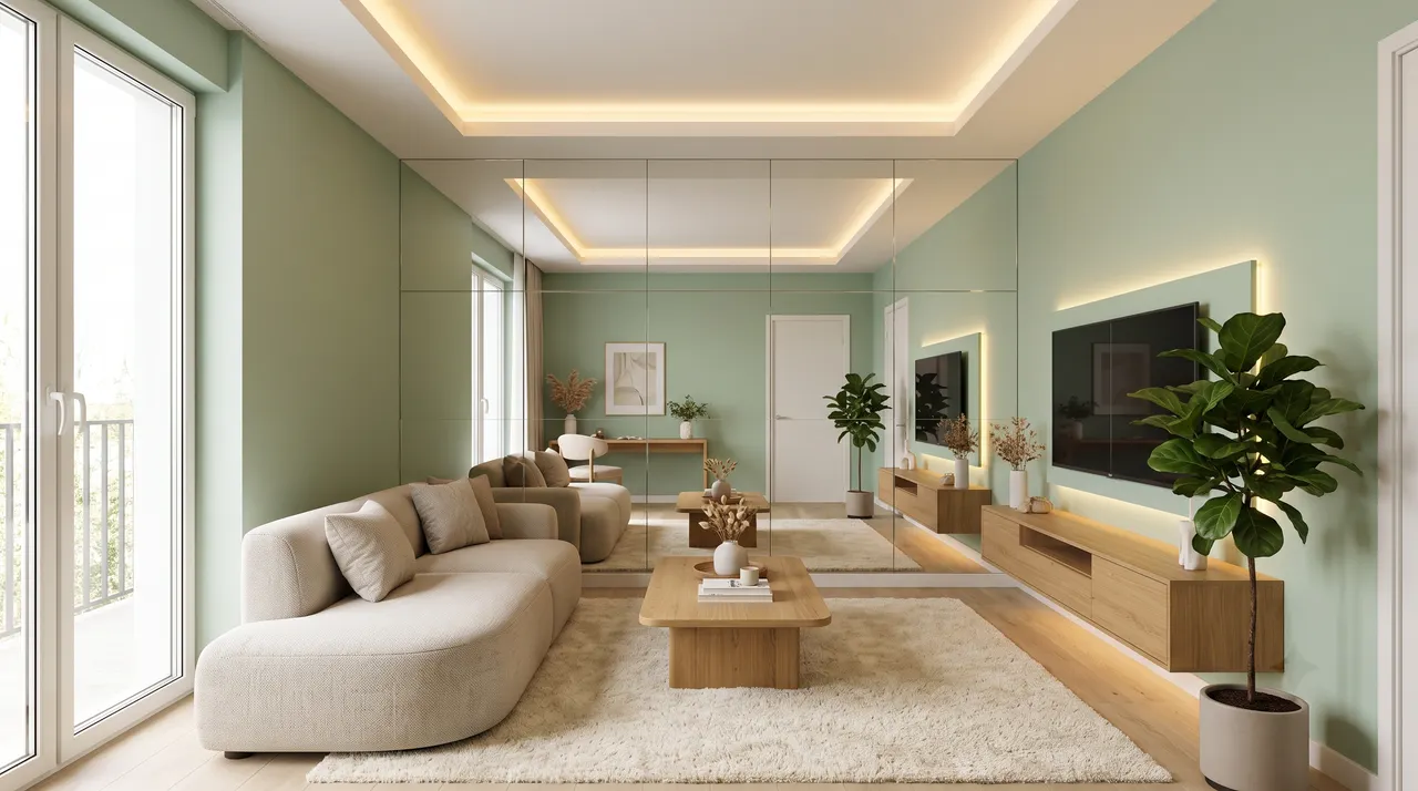 Phòng khách nhỏ sử dụng gương lớn và ánh sáng led để tạo cảm giác rộng rãi