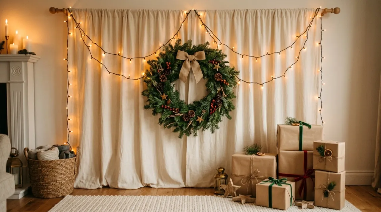 Backdrop tự làm tại nhà với rèm vải, vòng nguyệt quế, hộp quà và dây LED vàng ấm