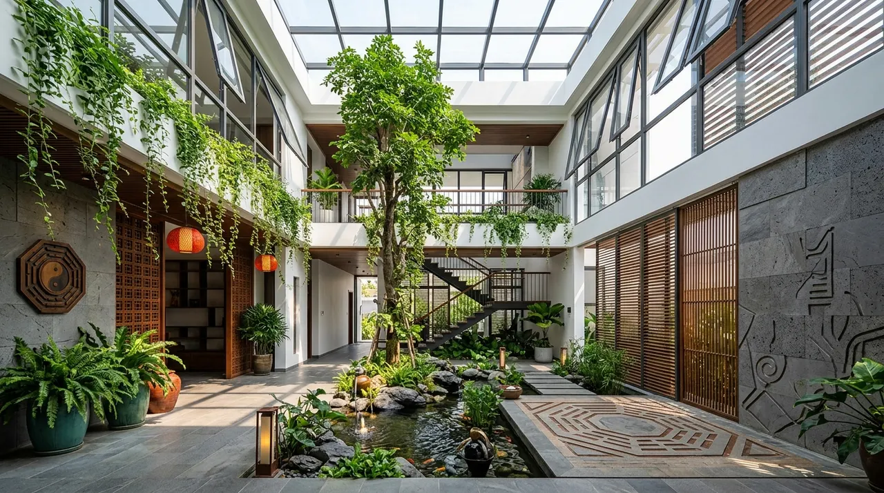 hình minh họa sự kết hợp giữa phong thủy truyền thống và kiến trúc khoa học hiện đại