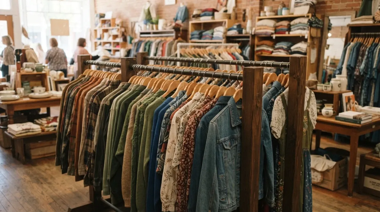 Khái niệm thrifting là gì với các kiện đồ secondhand được phân loại trên giá trong cửa hàng đồ cũ