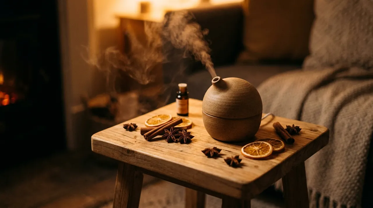 Máy khuếch tán tinh dầu cùng nguyên liệu autumn trên bàn gỗ