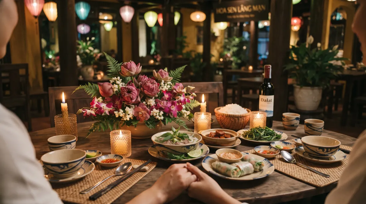 Bàn ăn nhà hàng ấm cúng với hoa và nến cho tối 20/10