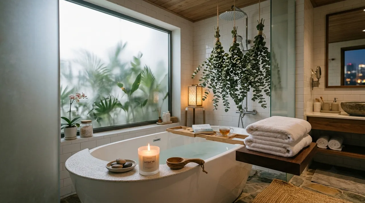 Nến thơm bố trí trong phòng tắm tạo cảm giác spa tại nhà