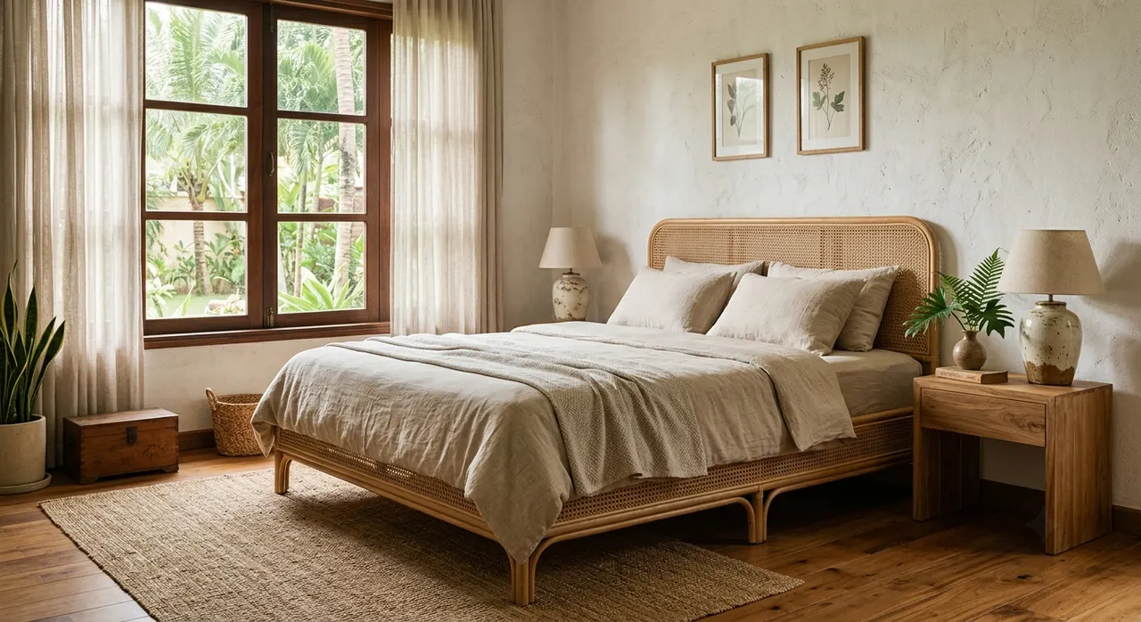 Phòng ngủ Minimalist với nội thất tre và drap linen