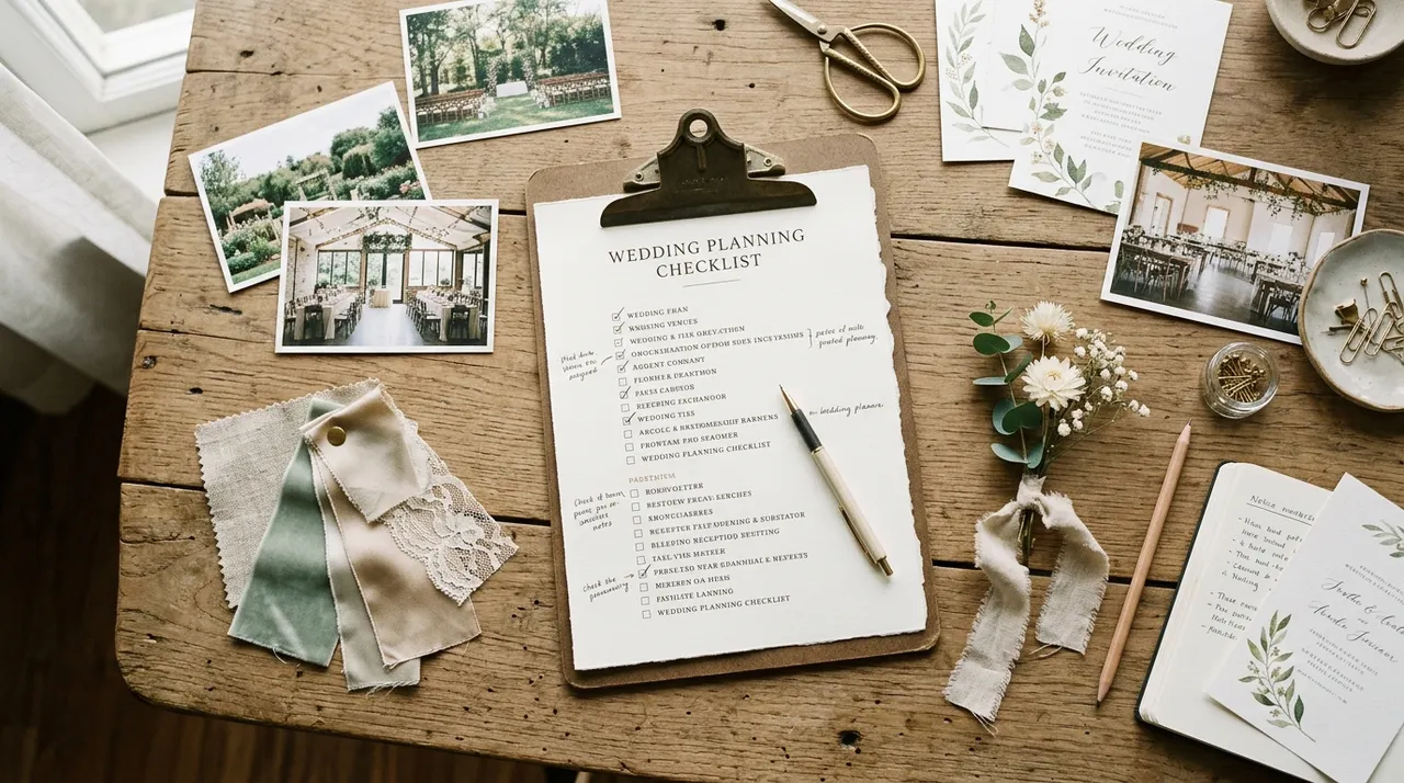 Bảng checklist lên ý tưởng đám cưới nhỏ với mẫu venue và vải