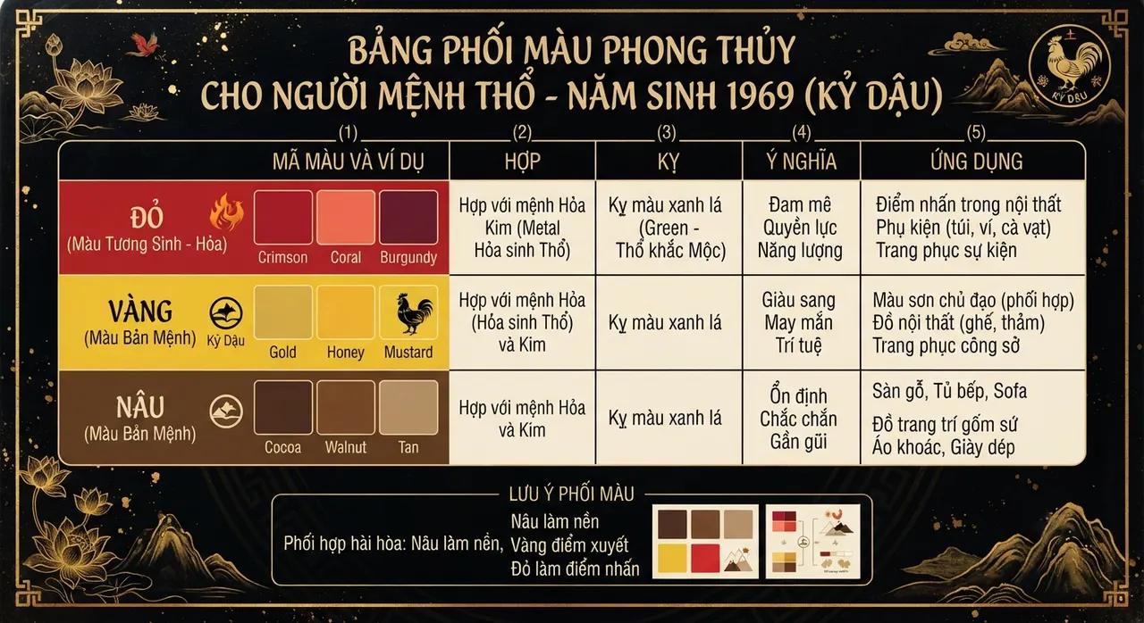 Màu sắc hợp mệnh Thổ Kỷ Dậu 1969