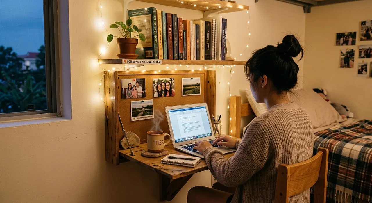 Góc học tập nhỏ gọn trong phòng trọ sinh viên với đèn dây ấm áp