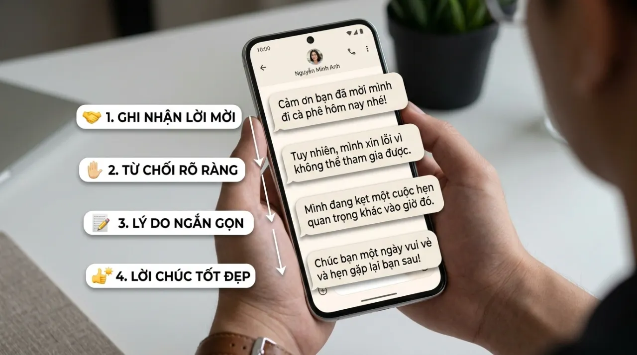 Cấu trúc tin nhắn từ chối bốn bước: ghi nhận, từ chối rõ, lý do ngắn, lời chúc