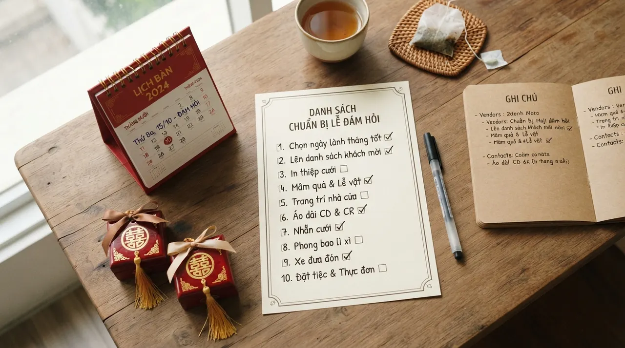 Bảng checklist chuẩn bị lễ ăn hỏi đặt trên bàn gỗ