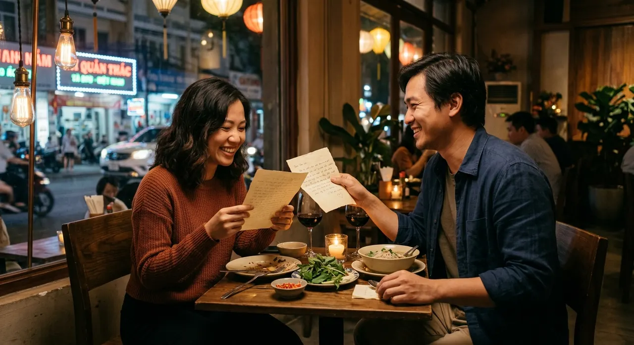 Hai người trao nhau bức thư viết tay trong bữa tối