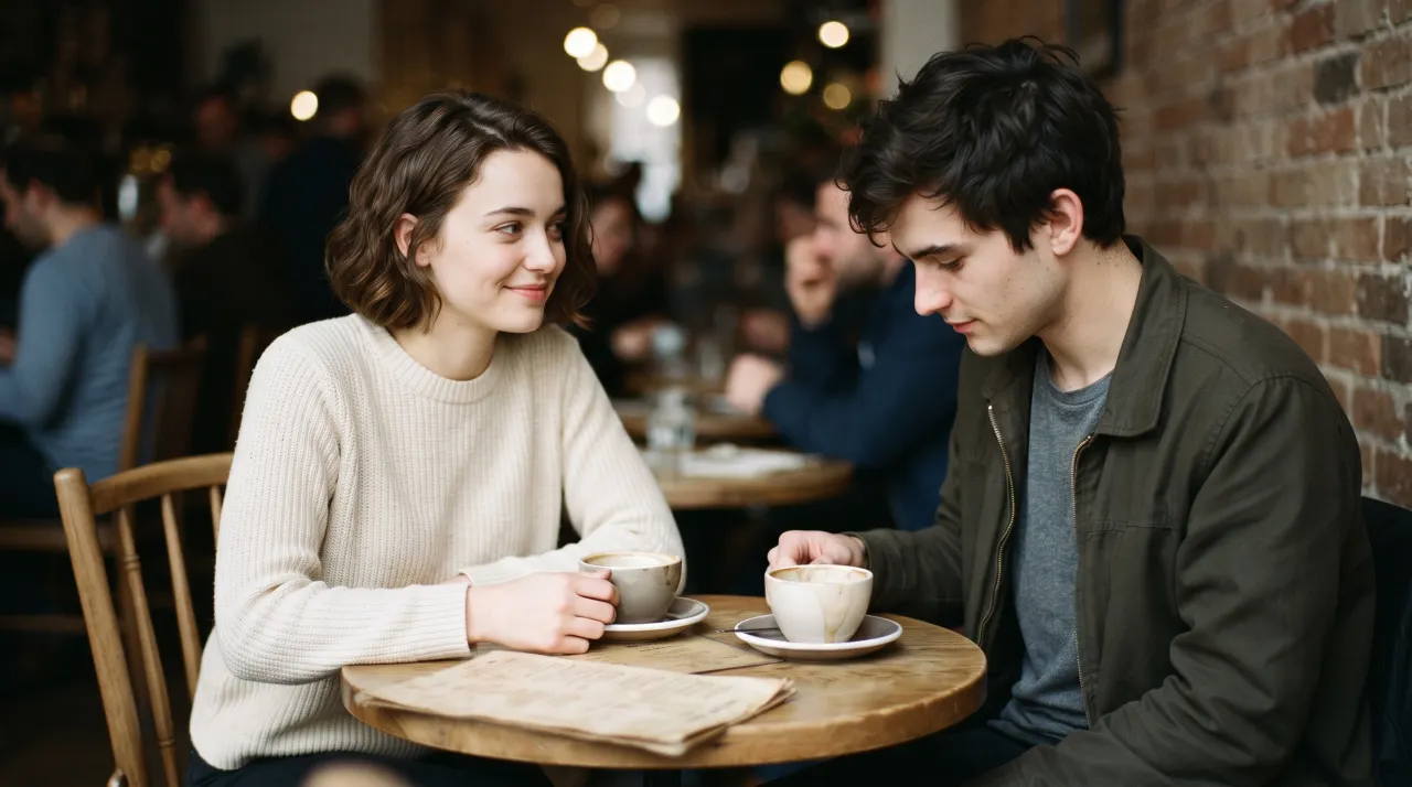 hai người ngồi quán cà phê nhìn nhau