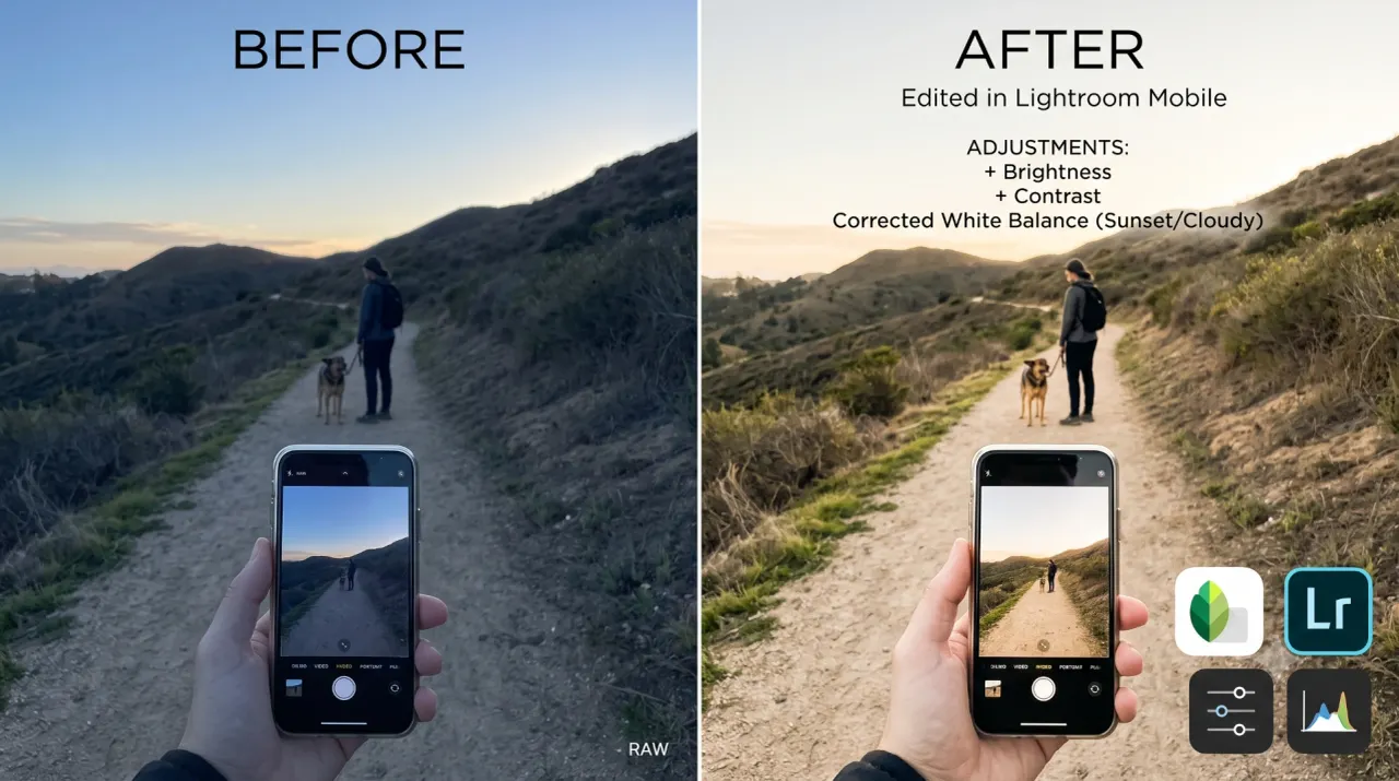 Ảnh trước và sau khi chỉnh sửa trên ứng dụng Snapseed hoặc Lightroom Mobile, minh họa các thao tác cơ bản