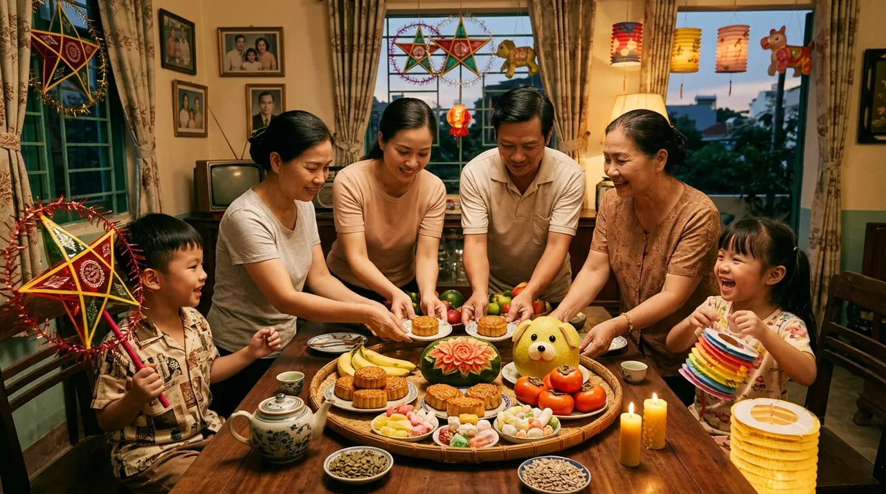 Gia đình quây quần bên mâm cỗ Trung thu theo chủ đề retro