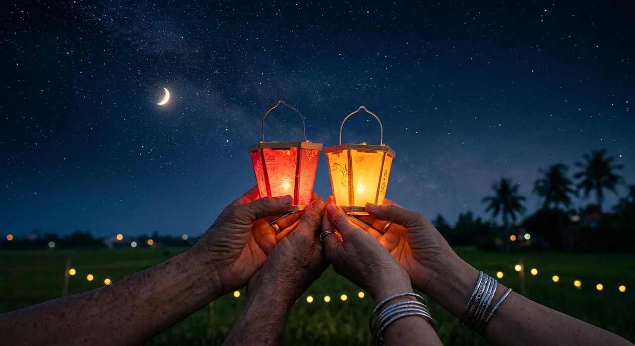 Hai bàn tay cùng giữ ánh đèn lồng