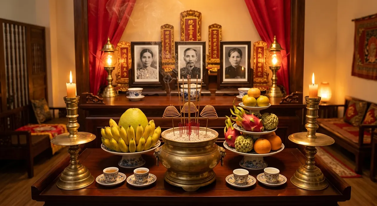 Bàn thờ gia tiên thắp nhang trong ngày Lễ Vu Lan