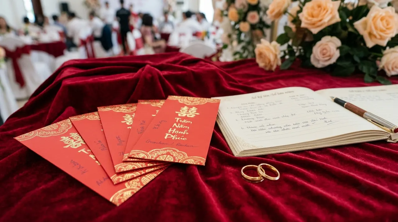Phong bì cưới xếp cạnh sổ thu lễ và nhẫn cưới trên nền vải nhung
