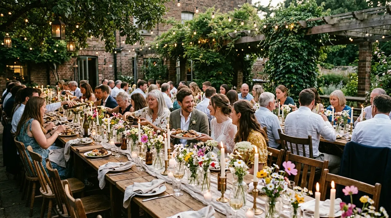 Bữa tối intimate wedding với bàn dài, nến và hoa dại trang trí