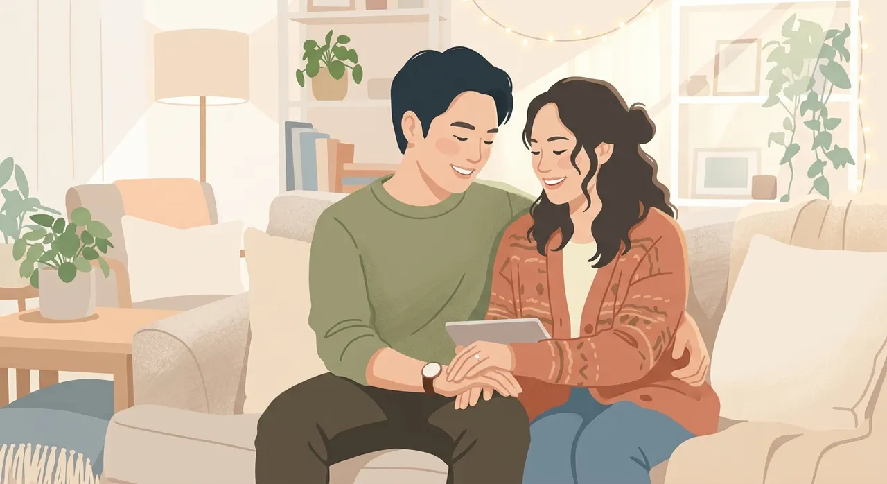 Hai người cùng làm bài trắc nghiệm ngôn ngữ tình yêu trên thiết bị điện tử
