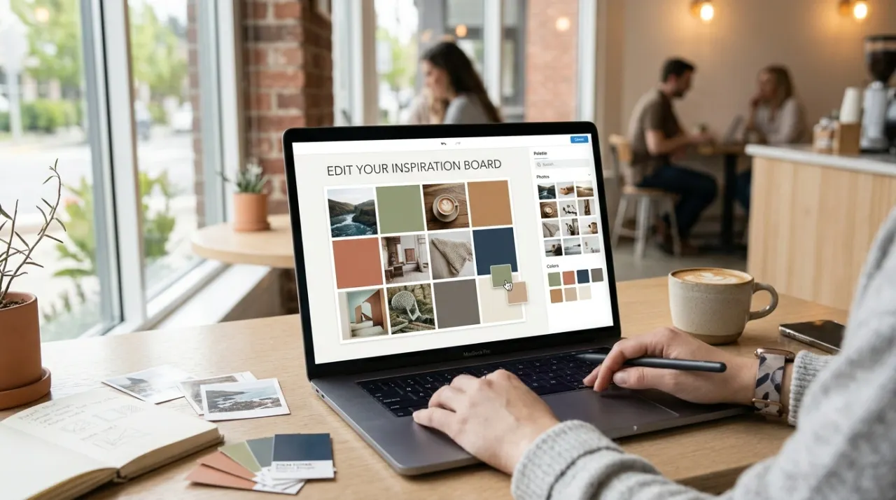 Người đang chỉnh sửa moodboard trên phần mềm ghép ảnh trực tuyến