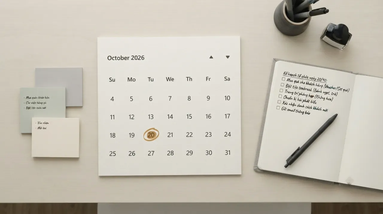 Lịch tháng 10/2026 ghi chú kế hoạch tổ chức ngày 20/10