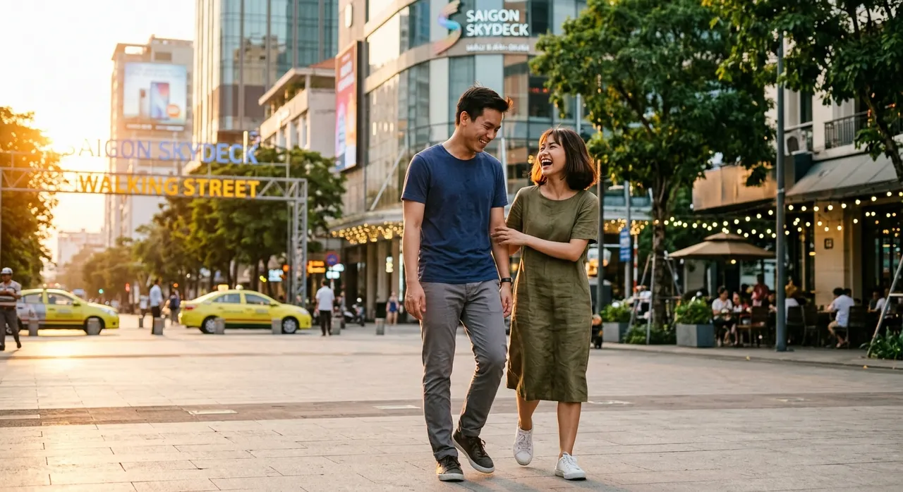Cặp đôi vui vẻ bên nhau trên đường phố