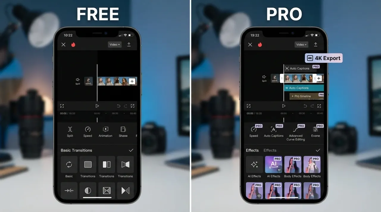 So sánh tính năng bản miễn phí và CapCut Pro trên giao diện điện thoại
