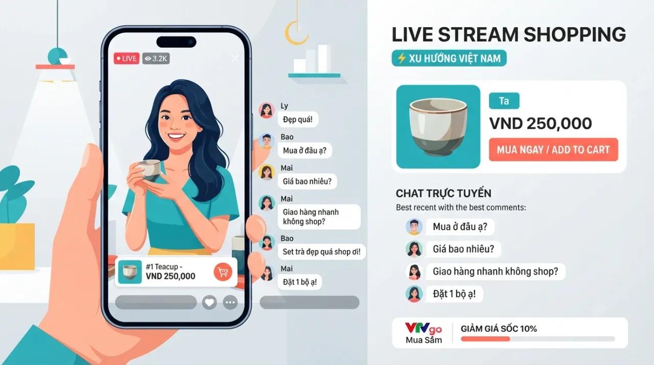 Minh họa mua sắm qua livestream trên điện thoại