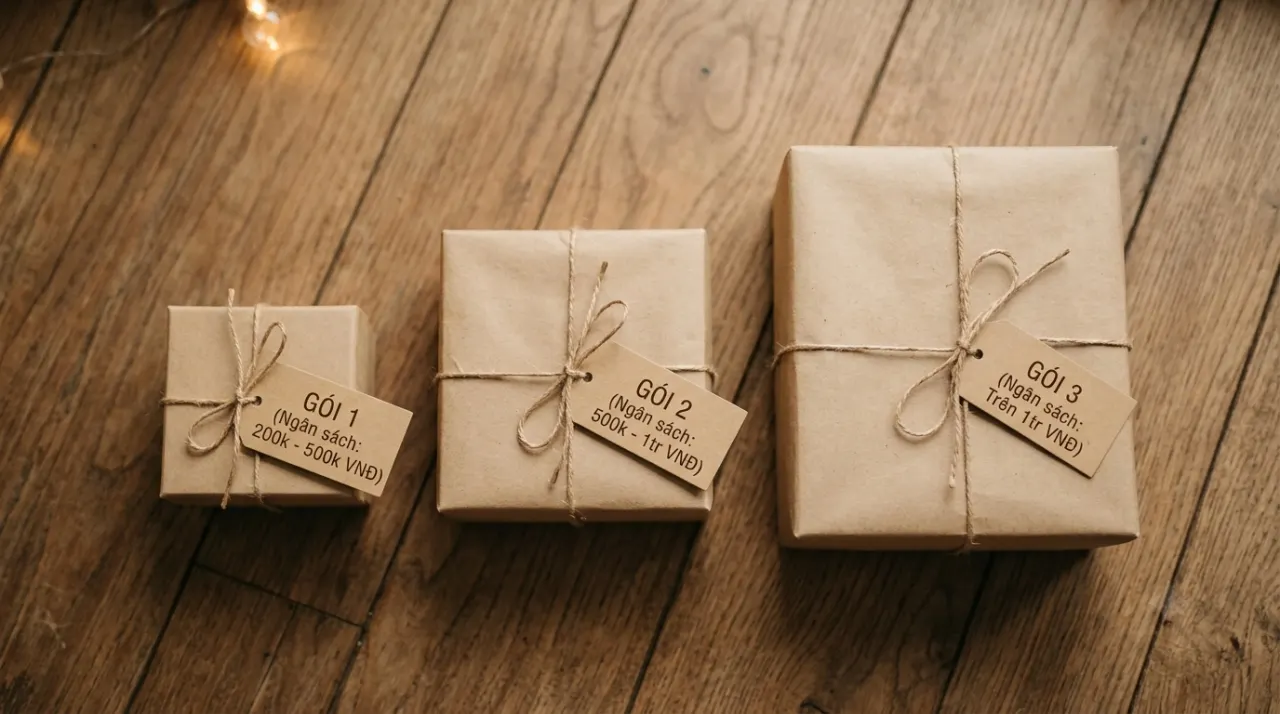 Ba hộp quà Giáng sinh kích thước khác nhau tượng trưng cho các mức ngân sách