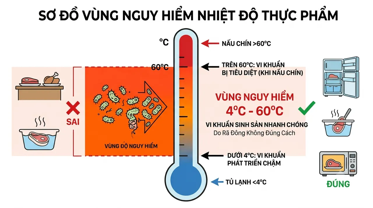 Sơ đồ vùng nhiệt độ nguy hiểm 4–60°C nơi vi khuẩn sinh sôi nhanh