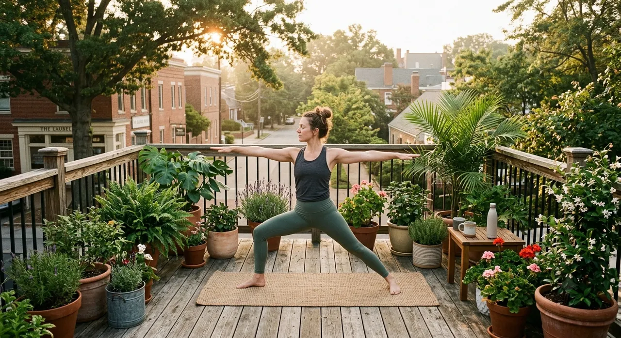 Một người đang tập yoga buổi sáng tại sân thượng khách sạn