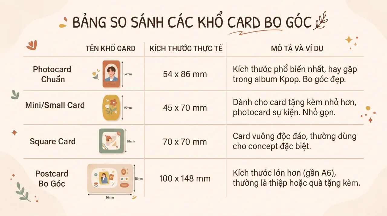 Bảng so sánh các khổ card bo góc và mẫu giấy cắt sẵn kèm thước đo