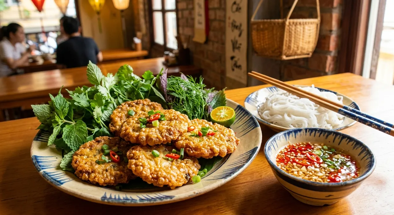 Chả rươi chiên vàng giòn phục vụ kèm rau sống