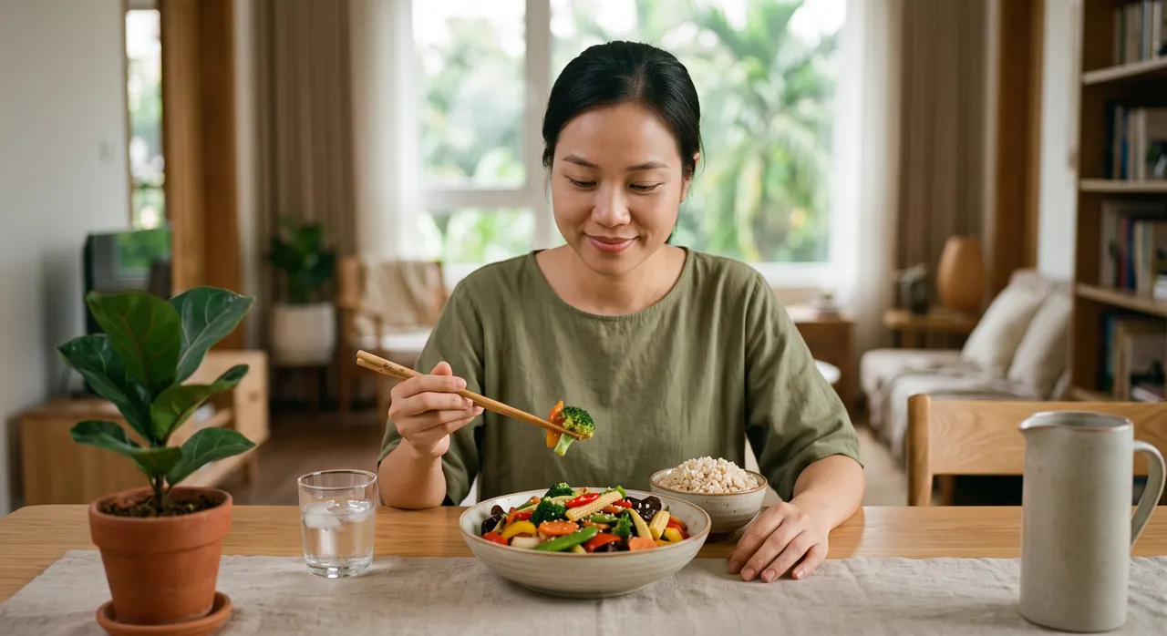 Người phụ nữ ngồi ăn tối trong không gian ấm cúng, tập trung vào bữa ăn
