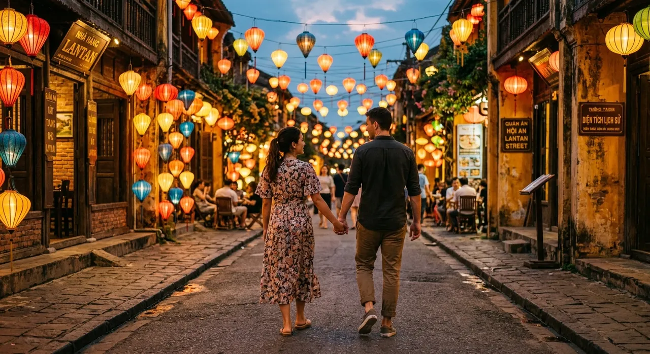 C cặp đôi nắm tay đi giữa phố đèn lồng