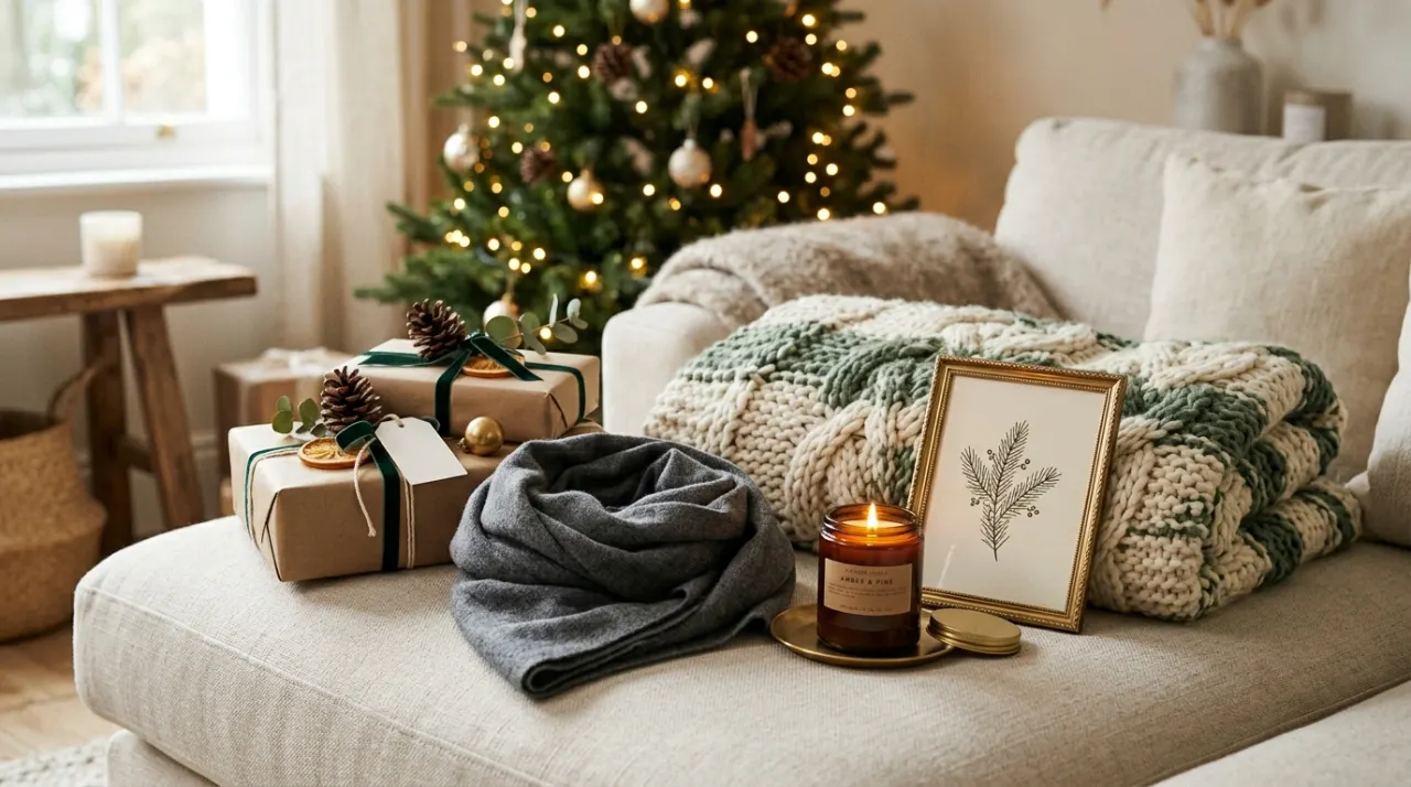 Món quà Noel nhóm thẩm mỹ gồm khăn, nến thơm và tranh trang trí