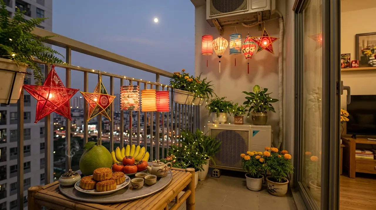 ban công chung cư trang trí Rằm tháng 8