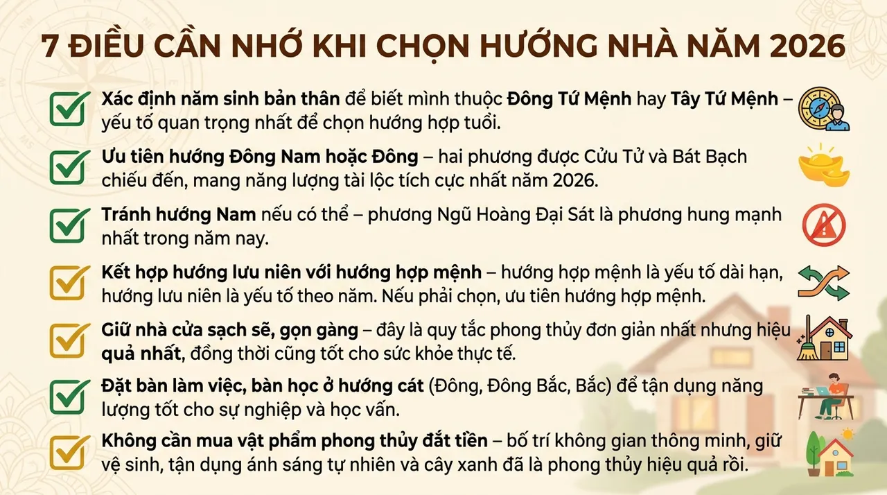 infographic checklist 7 điều cần nhớ khi chọn hướng nhà phong thủy năm 2026