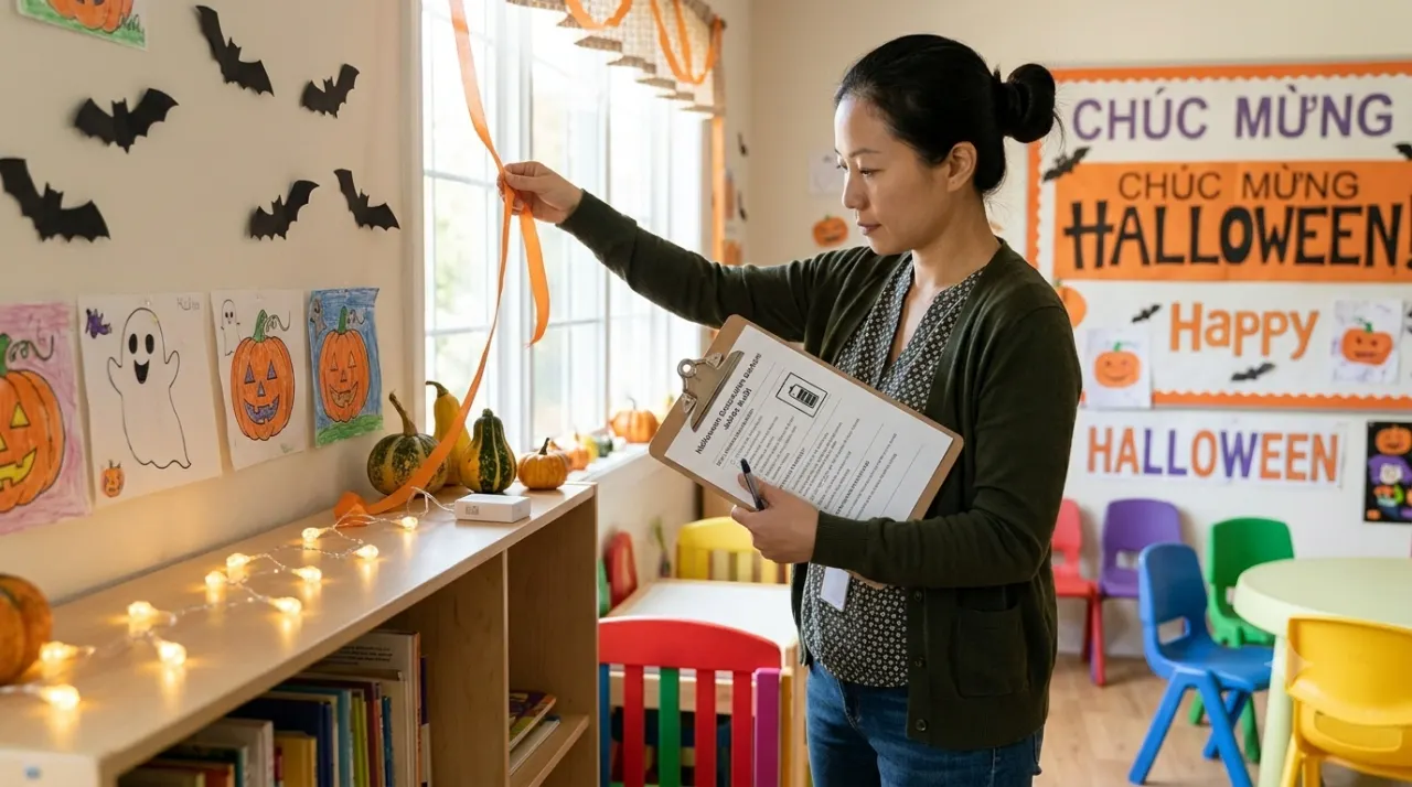 Giáo viên kiểm tra an toàn khi trang trí Halloween cho lớp mầm non