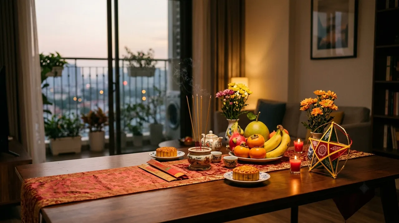 bày mâm cúng Rằm tháng 8 trong chung cư