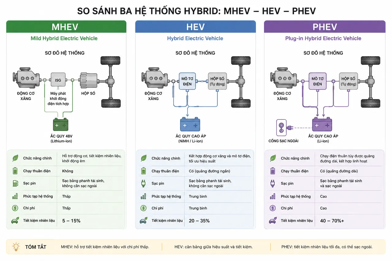 Sơ đồ so sánh ba hệ truyền động hybrid MHEV, HEV, PHEV