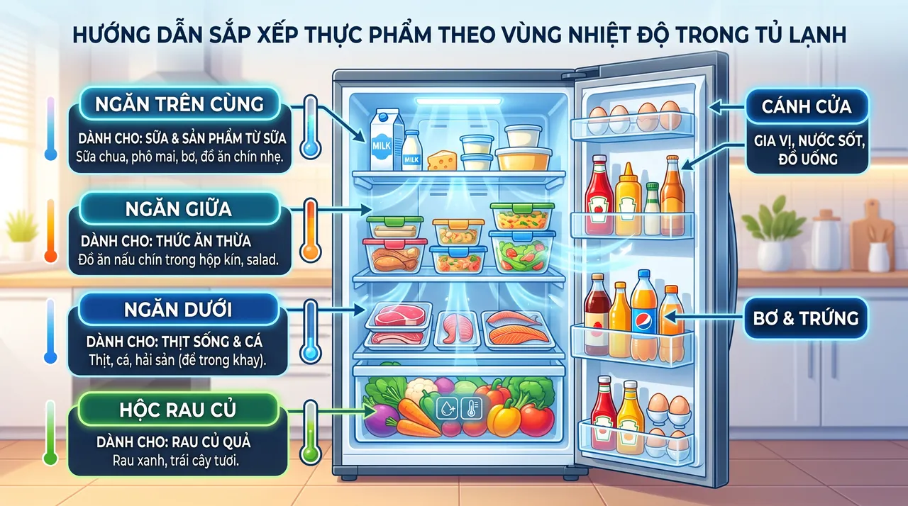 Sơ đồ 5 vùng nhiệt độ trong tủ lạnh và thực phẩm phù hợp