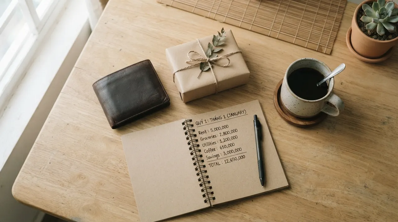 Bàn làm việc với ví, hộp quà nhỏ và danh sách ngân sách tặng quà