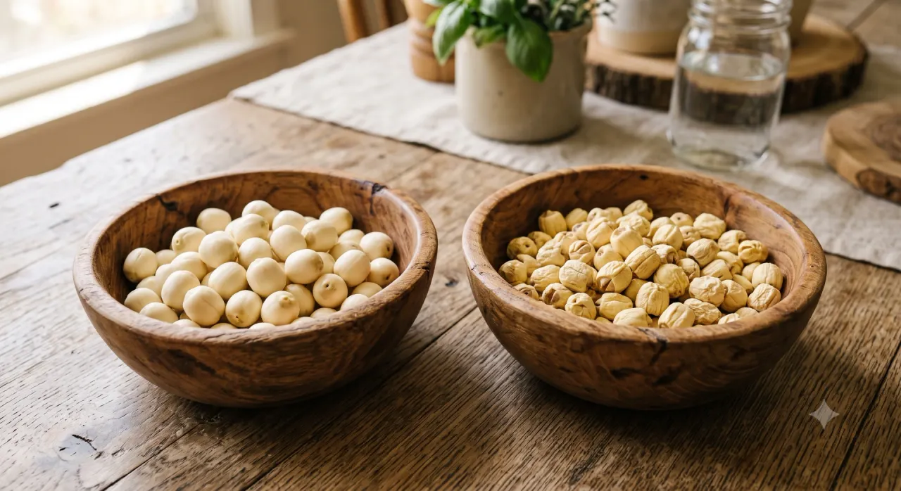 So sánh hạt sen tươi và hạt sen khô trên hai bát gỗ