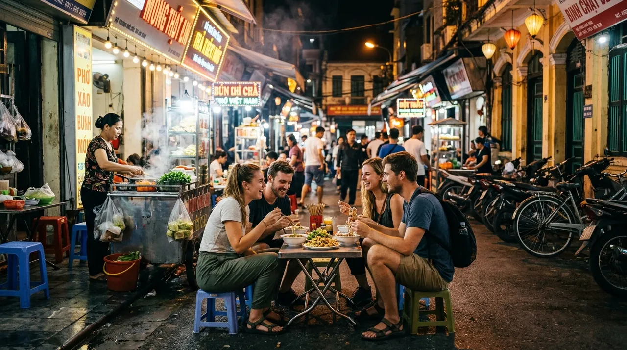 Giới trẻ trải nghiệm ẩm thực đường phố Hà Nội về đêm